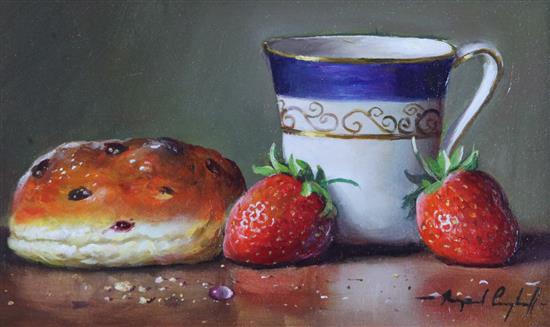 Raymond Campbell (20th C.) China cup with tea-bun and strawberries, 5 x 8in.